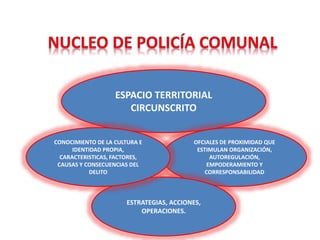 ESPACIO TERRITORIAL
CIRCUNSCRITO
OFCIALES DE PROXIMIDAD QUE
ESTIMULAN ORGANIZACIÓN,
AUTOREGULACIÓN,
EMPODERAMIENTO Y
CORRESPONSABILIDAD
ESTRATEGIAS, ACCIONES,
OPERACIONES.
CONOCIMIENTO DE LA CULTURA E
IDENTIDAD PROPIA,
CARACTERISTICAS, FACTORES,
CAUSAS Y CONSECUENCIAS DEL
DELITO
 