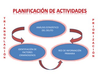 ANÁLISIS ESTADÍSTICO
DEL DELITO
RED DE INFORMACIÓN
PRIMARIA
IDENTIFIACIÓN DE
FACTORES
CRIMINOGENOS
T
R
I
A
N
G
U
L
A
C
I
Ó
N
P
R
I
O
R
I
Z
A
C
I
Ó
N
 