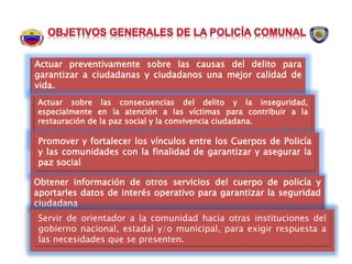 Actuar preventivamente sobre las causas del delito para
garantizar a ciudadanas y ciudadanos una mejor calidad de
vida.
Actuar sobre las consecuencias del delito y la inseguridad,
especialmente en la atención a las víctimas para contribuir a la
restauración de la paz social y la convivencia ciudadana.
Promover y fortalecer los vínculos entre los Cuerpos de Policía
y las comunidades con la finalidad de garantizar y asegurar la
paz social
Obtener información de otros servicios del cuerpo de policía y
aportarles datos de interés operativo para garantizar la seguridad
ciudadana
Servir de orientador a la comunidad hacia otras instituciones del
gobierno nacional, estadal y/o municipal, para exigir respuesta a
las necesidades que se presenten.
 