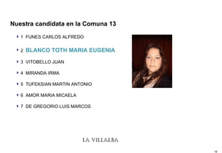 Nuestra candidata en la Comuna 13 1  FUNES CARLOS ALFREDO  2  BLANCO TOTH MARIA EUGENIA 3  VITOBELLO JUAN 4  MIRANDA IRMA 5  TUFEKSIAN MARTIN ANTONIO 6  AMOR MARIA MICAELA 7  DE GREGORIO LUIS MARCOS 
