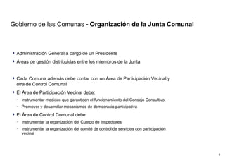 Gobierno de las Comunas  - Organización de la Junta Comunal Administración General a cargo de un Presidente Áreas de gestión distribuidas entre los miembros de la Junta Cada Comuna además debe contar con un Área de Participación Vecinal y otra de Control Comunal El Área de Participación Vecinal debe: Instrumentar medidas que garanticen el funcionamiento del Consejo Consultivo Promover y desarrollar mecanismos de democracia participativa El Área de Control Comunal debe: Instrumentar la organización del Cuerpo de Inspectores Instrumentar la organización del comité de control de servicios con participación vecinal 