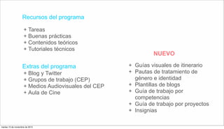 Recursos del programa
+ Tareas
+ Buenas prácticas
+ Contenidos teóricos
+ Tutoriales técnicos
+ Blog y Twitter
+ Grupos de trabajo (CEP)
+ Medios Audiovisuales del CEP
+ Aula de Cine
Extras del programa + Guías visuales de itinerario
+ Pautas de tratamiento de
género e identidad
+ Plantillas de blogs
+ Guía de trabajo por
competencias
+ Guía de trabajo por proyectos
+ Insignias
NUEVO
martes 10 de noviembre de 2015
 