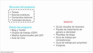 Recursos del programa
+ Tareas
+ Buenas prácticas
+ Contenidos teóricos
+ Tutoriales técnicos
+ Blog y Twitter
+ Grupos de trabajo (CEP)
+ Medios Audiovisuales del CEP
+ Aula de Cine
Extras del programa + Guías visuales de itinerario
+ Pautas de tratamiento de
género e identidad
+ Plantillas de blogs
+ Guía de trabajo por
competencias
+ Guía de trabajo por proyectos
+ Insignias
NUEVO
martes 10 de noviembre de 2015
 