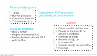 Recursos del programa
+ Tareas
+ Buenas prácticas
+ Contenidos teóricos
+ Tutoriales técnicos
+ Blog y Twitter
+ Grupos de trabajo (CEP)
+ Medios Audiovisuales del CEP
+ Aula de Cine
Extras del programa
Disponible en PDF separados
Libro Gordo de Comunicacción
+ Guías visuales de itinerario
+ Pautas de tratamiento de
género e identidad
+ Plantillas de blogs
+ Guía de trabajo por
competencias
+ Guía de trabajo por proyectos
+ Insignias
NUEVO
martes 10 de noviembre de 2015
 