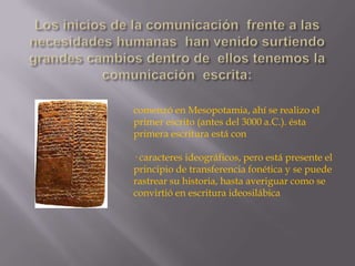Los inicios de la comunicación  frente a las  necesidades humanas  han venido surtiendo grandes cambios dentro de  ellos tenemos la comunicación  escrita:comenzó en Mesopotamia, ahí se realizo el primer escrito (antes del 3000 a.C.). ésta primera escritura está con· caracteres ideográficos, pero está presente el principio de transferencia fonética y se puede rastrear su historia, hasta averiguar como se convirtió en escritura ideosilábica