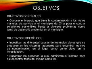 OBJETIVOS
OBJETIVOS GENERALES
• Conocer el impacto que tiene la contaminación y los malos
manejos de servicio n el municipio de Chía para encontrar
soluciones sostenibles frente a diversos problemas como
tema de desarrollo ambiental en el municipio.
OBJETIVOS ESPECÍFICOS
• Investigar las diferentes causas de los malos olores que se
producen en los sistemas lagunares para encontrar indicios
de contaminación en el lugar como punto clave en la
investigación.
• Encontrar los procesos la cual administra el sistema para
así encontrar fallas del mismo como tal,
 