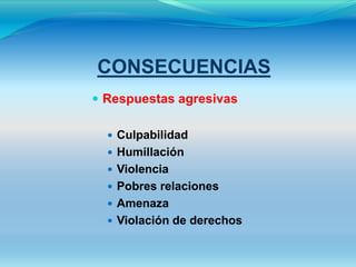 CONSECUENCIAS
 Respuestas agresivas

   Culpabilidad
   Humillación
   Violencia
   Pobres relaciones
   Amenaza
   Violación de derechos
 