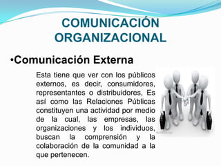 COMUNICACIÓN
         ORGANIZACIONAL
•Comunicación Externa
    Esta tiene que ver con los públicos
    externos, es decir, consumidores,
    representantes o distribuidores, Es
    así como las Relaciones Públicas
    constituyen una actividad por medio
    de la cual, las empresas, las
    organizaciones y los individuos,
    buscan la comprensión y la
    colaboración de la comunidad a la
    que pertenecen.
 