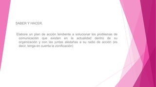 SABER Y HACER.

Elabore un plan de acción tendiente a solucionar los problemas de
comunicación que existen en la actualidad dentro de su
organización y con las juntas aledañas a su radio de acción (es
decir, tenga en cuenta la zonificación)

 