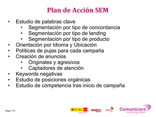 Plan de Acción SEM
  •         Estudio de palabras clave
              • Segmentación por tipo de concordancia
              • Segmentación por tipo de landing
              • Segmentación por tipo de producto
  •         Orientación por Idioma y Ubicación
  •         Políticas de pujas para cada campaña
  •         Creación de anuncios
              • Originales y agresivos
              • Captadores de atención
  •         Keywords negativas
  •         Estudio de posiciones orgánicas
  •         Estudio de competencia tras inicio de campaña



Page  70
 