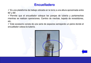  Es una plataforma de trabajo ubicada en la torre a una altura aproximada entre
80’ y 90’.
 Permite que el encuellador coloque las parejas de tubería y portamechas
mientras se realizan operaciones. Cambio de mechas, bajada de revestidores,
etc.
 Este accesorio consta de una serie de espacios semejando un peine donde el
encuellador coloca la tubería.
Encuelladero
 