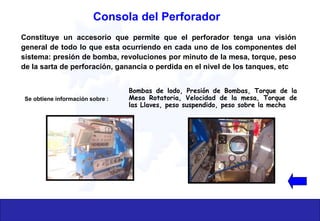 Constituye un accesorio que permite que el perforador tenga una visión
general de todo lo que esta ocurriendo en cada uno de los componentes del
sistema: presión de bomba, revoluciones por minuto de la mesa, torque, peso
de la sarta de perforación, ganancia o perdida en el nivel de los tanques, etc
Se obtiene información sobre :
Bombas de lodo, Presión de Bombas, Torque de la
Mesa Rotatoria, Velocidad de la mesa, Torque de
las Llaves, peso suspendido, peso sobre la mecha
Consola del Perforador
 