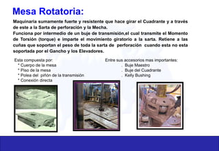 Mesa Rotatoria:
Maquinaria sumamente fuerte y resistente que hace girar el Cuadrante y a través
de este a la Sarta de perforación y la Mecha.
Funciona por intermedio de un buje de transmisión,el cual transmite el Momento
de Torsión (torque) e imparte el movimiento giratorio a la sarta. Retiene a las
cuñas que soportan el peso de toda la sarta de perforación cuando esta no esta
soportada por el Gancho y los Elevadores.
Esta compuesta por:
* Cuerpo de la mesa
* Piso de la mesa
* Polea del piñón de la transmisión
* Conexión directa
Entre sus accesorios mas importantes:
. Buje Maestro
. Buje del Cuadrante
. Kelly Bushing
 
