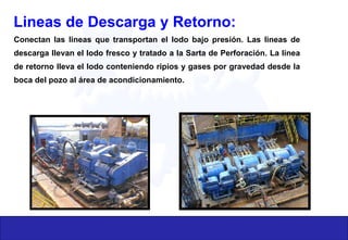 Lineas de Descarga y Retorno:
Conectan las lineas que transportan el lodo bajo presión. Las lineas de
descarga llevan el lodo fresco y tratado a la Sarta de Perforación. La linea
de retorno lleva el lodo conteniendo ripios y gases por gravedad desde la
boca del pozo al área de acondicionamiento.
 