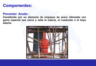 Componentes:
Preventor Anular :
Constituido por un elemento de empaque de acero reforzado con
goma especial que cierra y sella la tubería, el cuadrante o el hoyo
abierto.
 