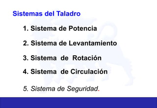 Sistemas del Taladro
1. Sistema de Potencia
2. Sistema de Levantamiento
3. Sistema de Rotación
4. Sistema de Circulación
5. Sistema de Seguridad.
 