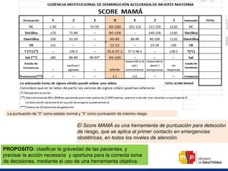 El Score MAMÁ es una herramienta de puntuación para detección
de riesgo, que se aplica al primer contacto en emergencias
obstétricas, en todos los niveles de atención.
PROPOSITO: clasificar la gravedad de las pacientes, y
precisar la acción necesaria y oportuna para la correcta toma
de decisiones, mediante el uso de una herramienta objetiva.
La puntuación de “0” como estado normal y “3” como puntuación de máximo riesgo
 
