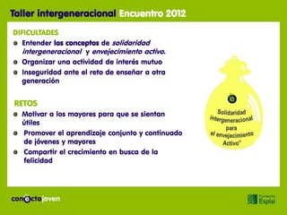 Taller intergeneracional Encuentro 2012
DIFICULTADES
   Entender los conceptos de solidaridad
   intergeneracional y envejecimiento activo.
   Organizar una actividad de interés mutuo
   Inseguridad ante el reto de enseñar a otra
   generación


RETOS
  Motivar a los mayores para que se sientan
  útiles
  Promover el aprendizaje conjunto y continuado
  de jóvenes y mayores
  Compartir el crecimiento en busca de la
  felicidad
 