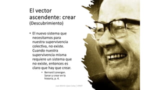El vector
ascendente: crear
(Descubrimiento)
• El nuevo sistema que
necesitamos para
nuestra supervivencia
colec8va, no existe.
Cuando nuestra
supervivencia misma
requiere un sistema que
no existe, entonces es
claro que hay que crear.
• Bernard Lonergan.
Sanar y crear en la
historia, p. 4.
Juan Martín López-Calva / UPAEP
 