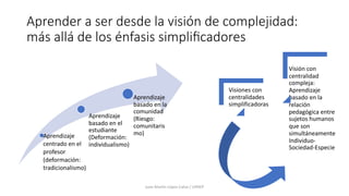 Aprender a ser desde la visión de complejidad:
más allá de los énfasis simpliﬁcadores
Aprendizaje
centrado en el
profesor
(deformación:
tradicionalismo)
Aprendizaje
basado en el
estudiante
(Deformación:
individualismo)
Aprendizaje
basado en la
comunidad
(Riesgo:
comunitaris
mo)
Visiones con
centralidades
simplificadoras
Visión con
centralidad
compleja:
Aprendizaje
basado en la
relación
pedagógica entre
sujetos humanos
que son
simultáneamente
Individuo-
Sociedad-Especie
Juan Martín López-Calva / UPAEP
 