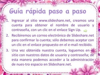 1. Ingresar al sitio www.slideshare.net, creamos una
   cuenta para obtener el nombre de usuario y
   contraseña, con un clic en el enlace Sign Up.
2. Recibiremos un correo electrónico de Slideshare.net
   para confirmar la cuenta; sólo debemos aceptar con
   un clic en el enlace propuesto en el e-mail recibido.
3. Una vez obtenida nuestra cuenta, loguemos en el
   sitio con nuestros datos de usuario y contraseña; de
   esta manera podemos acceder a la administración
   de nues-tro espacio en Slideshare.net.
 