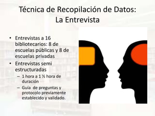 Técnica de Recopilación de Datos:
              La Entrevista

• Entrevistas a 16
  bibliotecarios: 8 de
  escuelas públicas y 8 de
  escuelas privadas
• Entrevistas semi
  estructuradas
   – 1 hora a 1 ½ hora de
     duración
   – Guía de preguntas y
     protocolo previamente
     establecido y validado.
 