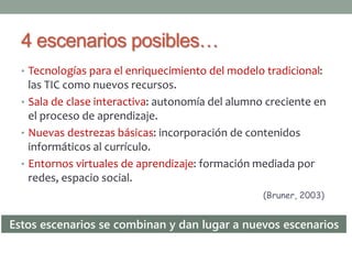 4 escenarios posibles… 
• Tecnologías para el enriquecimiento del modelo tradicional: 
las TIC como nuevos recursos. 
• Sala de clase interactiva: autonomía del alumno creciente en 
el proceso de aprendizaje. 
• Nuevas destrezas básicas: incorporación de contenidos 
informáticos al currículo. 
• Entornos virtuales de aprendizaje: formación mediada por 
redes, espacio social. 
(Bruner, 2003) 
Estos escenarios se combinan y dan lugar a nuevos escenarios 
 