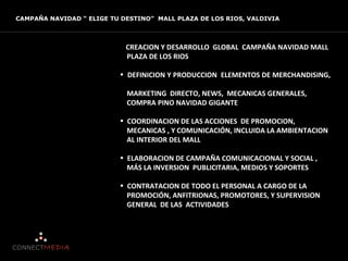 CAMPAÑA NAVIDAD “ ELIGE TU DESTINO” MALL PLAZA DE LOS RIOS, VALDIVIA



                          •   CREACION Y DESARROLLO GLOBAL CAMPAÑA NAVIDAD MALL
                              PLAZA DE LOS RIOS

                          • DEFINICION Y PRODUCCION ELEMENTOS DE MERCHANDISING,

                              MARKETING DIRECTO, NEWS, MECANICAS GENERALES,
                              COMPRA PINO NAVIDAD GIGANTE

                          • COORDINACION DE LAS ACCIONES DE PROMOCION,
                            MECANICAS , Y COMUNICACIÓN, INCLUIDA LA AMBIENTACION
                            AL INTERIOR DEL MALL

                          • ELABORACION DE CAMPAÑA COMUNICACIONAL Y SOCIAL ,
                            MÁS LA INVERSION PUBLICITARIA, MEDIOS Y SOPORTES

                          • CONTRATACION DE TODO EL PERSONAL A CARGO DE LA
                            PROMOCIÓN, ANFITRIONAS, PROMOTORES, Y SUPERVISION
                            GENERAL DE LAS ACTIVIDADES
 