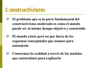 Constructivismo El problema que es la parte fundamental del constructivismo moderado es como el mundo puede ser al mismo tiempo objetivo y construido El mundo existe pero no por fuera de los esquemas conceptuales que usamos para entenderlo Conocemos la realidad a través de los modelos que construimos para explicarla 