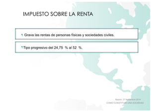 Madrid, 27 Noviembre 2014 
COMO CONSTITUIR UNA SOCIEDAD 
IMPUESTO SOBRE LA RENTA 
Grava las rentas de personas físicas y sociedades civiles. 
Tipo progresivo del 24,75 % al 52 %. 
 