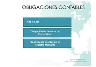 OBLIGACIONES CONTABLES 
Madrid, 27 Noviembre 2014 
COMO CONSTITUIR UNA SOCIEDAD 
Año Fiscal 
Obligación de llevanza de 
Contabilidad 
Depósito de cuentas en el 
Registro Mercantil 
 