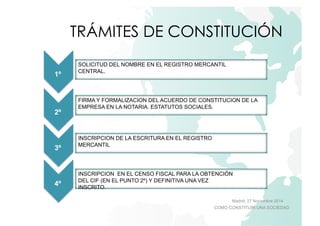 TRÁMITES DE CONSTITUCIÓN 
FIRMA Y FORMALIZACION DEL ACUERDO DE CONSTITUCION DE LA 
EMPRESA EN LA NOTARIA. ESTATUTOS SOCIALES. 
Madrid, 27 Noviembre 2014 
SOLICITUD DEL NOMBRE EN EL REGISTRO MERCANTIL 
CENTRAL. 
COMO CONSTITUIR UNA SOCIEDAD 
INSCRIPCION DE LA ESCRITURA EN EL REGISTRO 
MERCANTIL 
INSCRIPCION EN EL CENSO FISCAL PARA LA OBTENCIÓN 
DEL CIF (EN EL PUNTO 2º) Y DEFINITIVA UNA VEZ 
INSCRITO. 
1º 
2º 
3º 
4º 
 