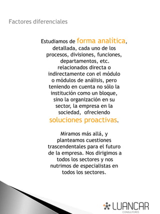 Factores diferenciales


            Estudiamos de forma analítica,
                 detallada, cada uno de los
              procesos, divisiones, funciones,
                     departamentos, etc.
                    relacionados directa o
               indirectamente con el módulo
                 o módulos de análisis, pero
               teniendo en cuenta no sólo la
                institución como un bloque,
                  sino la organización en su
                   sector, la empresa en la
                    sociedad, ofreciendo
               soluciones proactivas.
                    Miramos más allá, y
                  planteamos cuestiones
              trascendentales para el futuro
              de la empresa. Nos dirigimos a
                  todos los sectores y nos
               nutrimos de especialistas en
                    todos los sectores.
 