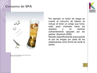 Consumo de SPA


                                                                          Por  ejemplo  un  factor  de  riesgo  en 
                                                                          cuanto  al  consumo  de  tabaco  se 
                                                                          incluye  el  tener  un  amigo  que  fume, 
                                                                          estar  poco  motivado  hacia  los 
                                                                          estudios        y        no      sentirse 
                                                                          suficientemente  apoyado  por  los 
                                                                          padres. (Santrock 2006).
                                                                          Resulta específicamente preocupante 
                                                                          el  uso  de  drogas  por  parte  de  los 
                                                                          adolescentes como forma de huirle al 
                                                                          estrés.



  Tomado de : http://cronicasfueguinas.blogspot.com/2008/07/tierra-del-
  fuego-en-el-podio-de-consumo.html
 