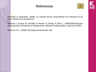 Referencias 


•Periódico  el  espectador,  (2008)  “La  mayoría  de  los  consumidores  son  menores  de  20 
 P
años. Adictos a los psicoactivos” 

•Martínez. J, Amaya. W, Campillo. H, Rueda. G, Campo. A, Díaz, L. (1996-2004)Consumo 
de Sustancias Psicoactivas en Adolescentes, Revista de salud pública  Volumen 9 (2007).

•Santrock, W. J. (2006). Psicología del desarrollo vital  
 