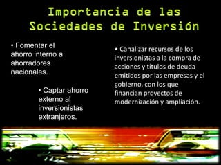 • Fomentar el             • Canalizar recursos de los
ahorro interno a          inversionistas a la compra de
ahorradores               acciones y títulos de deuda
nacionales.               emitidos por las empresas y el
                          gobierno, con los que
        • Captar ahorro   financian proyectos de
        externo al        modernización y ampliación.
        inversionistas
        extranjeros.
 