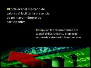 Fortalecer el mercado de
valores al facilitar la presencia
de un mayor número de
participantes.

                        Propician la democratización del
                      capital al diversificar su propiedad
                      accionaria entre varios inversionistas.
 