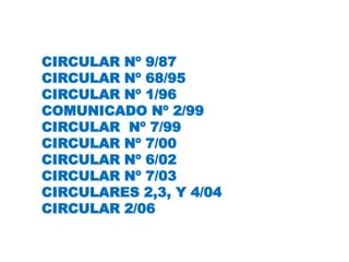 CIRCULAR Nº 9/87CIRCULAR Nº 68/95CIRCULAR Nº 1/96COMUNICADO Nº 2/99CIRCULAR Nº 7/99CIRCULAR Nº 7/00CIRCULAR Nº 6/02CIRCULAR Nº 7/03CIRCULARES 2,3, Y 4/04CIRCULAR 2/06