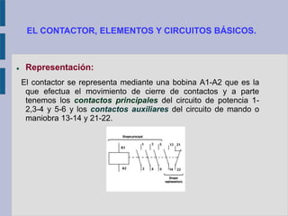 EL CONTACTOR, ELEMENTOS Y CIRCUITOS BÁSICOS.
 Representación:
El contactor se representa mediante una bobina A1-A2 que es la
que efectua el movimiento de cierre de contactos y a parte
tenemos los contactos principales del circuito de potencia 1-
2,3-4 y 5-6 y los contactos auxiliares del circuito de mando o
maniobra 13-14 y 21-22.
 