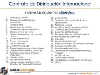 Algunas de las cláusulas más relevantes del
Contrato de Distribución Internacional son:
•	 Exclusividad
•	 Compromiso de n...