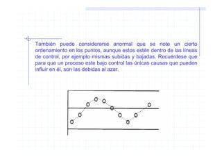También puede considerarse anormal que se note un cierto
ordenamiento en los puntos, aunque estos estén dentro de las líneas
de control, por ejemplo mismas subidas y bajadas. Recuérdese que
para que un proceso este bajo control las únicas causas que pueden
influir en él, son las debidas al azar.
 