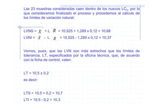 Las 23 muestras consideradas caen dentro de los nuevos LCX, por lo
que consideramos finalizado el proceso y procedemos al cálculo de
los límites de variación natural:


LVNS =
            ) + L R = 10,525 + 1,289 x 0,12 = 10,68
            X
       )
LVNI = X - L R = 10,525 - 1,289 x 0,12 = 10,37


Vemos, pues, que los LVN son más estrechos que los límites de
tolerancia, LT, especificados por la oficina técnica, que, de acuerdo
con la ficha de control, valen:


LT = 10,5 ± 0,2
es decir:


LTS = 10,5 + 0,2 = 10,7
LTI = 10,5 - 0,2 = 10,3
 