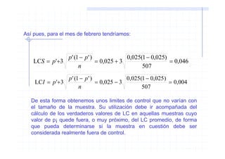 Así pues, para el mes de febrero tendríamos:



               p ' (1 − p ' )             0,025(1 − 0,025)
    LCS = p'+3                = 0,025 + 3                  = 0,046
                     n                          507
                  p ' (1 − p ' )             0,025(1 − 0,025)
    LCI = p '+3                  = 0,025 − 3                  = 0,004
                        n                          507

   De esta forma obtenemos unos limites de control que no varían con
   el tamaño de la muestra. Su utilización debe ir acompañada del
   cálculo de los verdaderos valores de LC en aquellas muestras cuyo
   valor de p¡ quede fuera, o muy próximo, del LC promedio, de forma
   que pueda determinarse si la muestra en cuestión debe ser
   considerada realmente fuera de control.
 