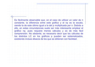 Es fácilmente observable que, en el caso de utilizar un valor de n
constante, la diferencia entre este gráfico y el np es la escala,
siendo la de este último igual a la del p multiplicada por n. Debido a
ello, en estas circunstancias suele ser más interesante emplear el
gráfico np, pues requiere menos cálculos y es de más fácil
comprensión. No obstante, es necesario decir que los cálculos de
los distintos LC en los gráficos p pueden ser sistematizados,
existiendo incluso ábacos de los que se obtienen con facilidad.
 