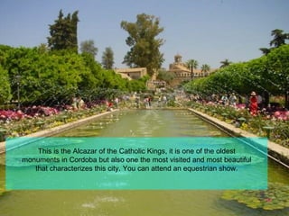 This is the Alcazar of the Catholic Kings, it is one of the oldest
monuments in Cordoba but also one the most visited and most beautiful
   that characterizes this city. You can attend an equestrian show.
 