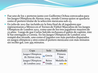  Fue uno de los 2 porteros junto con Guillermo Ochoa convocados para
los Juegos Olímpicos de Atenas 2004, siendo Corona quien se quedaría
como el portero titular de la selección mexicana sub-23.
 En julio de 2012 fue incluido en la lista final de 18 jugadores que
representaron a México en el Torneo de Fútbol Masculino de los Juegos
Olímpicos de Londres 2012, como uno de los tres jugadores mayores de
23 años.2 Luego de que Carlos Salcido rechazara el gafete de capitán, éste
le fue entregado a Corona. En los Juegos Olímpicos de Londres 2012
rompió dos récords, uno como el jugador con más partidos disputados
en juegos olímpicos y otro como el portero mexicano con más minutos
sin recibir gol, con 395 minutos.
Copa Sede Resultado
Juegos Olímpicos
de Atenas 2004
Grecia
Primera
Fase
Juegos Olímpicos
de Londres 2012
Reino
Unido
Medalla de
oro
 