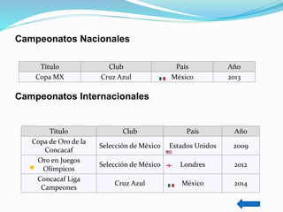 Título Club País Año
Copa MX Cruz Azul México 2013
Campeonatos Nacionales
Título Club País Año
Copa de Oro de la
Concacaf
Selección de México Estados Unidos 2009
Oro en Juegos
Olímpicos
Selección de México Londres 2012
Concacaf Liga
Campeones
Cruz Azul México 2014
Campeonatos Internacionales
 