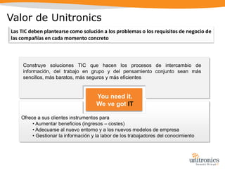Valor de UnitronicsLas TIC deben plantearse como solución a los problemas o los requisitos de negocio de las compañías en cada momento concreto Construye soluciones TIC que hacen los procesos de intercambio de información, del trabajo en grupo y del pensamiento conjunto sean más sencillos, más baratos, más seguros y más eficientesYou need it. We´ve got ITOfrece a sus clientes instrumentos para  Aumentar beneficios (ingresos – costes)