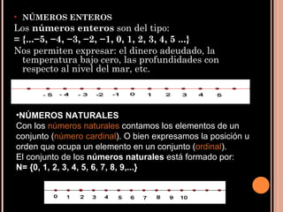 NÚMEROS ENTEROS Los  números enteros  son del tipo:  = {...−5, −4, −3, −2, −1, 0, 1, 2, 3, 4, 5 ...} Nos permiten expresar: el dinero adeudado, la temperatura bajo cero, las profundidades con respecto al nivel del mar, etc. NÚMEROS NATURALES Con los  números naturales  contamos los elementos de un conjunto ( número cardinal ). O bien expresamos la posición u orden que ocupa un elemento en un conjunto ( ordinal ). El conjunto de los  números naturales  está formado por: N= {0, 1, 2, 3, 4, 5, 6, 7, 8, 9,...} 