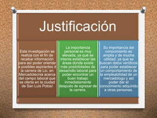 Justificación
Esta investigación se
realiza con el fin de
recabar información
para así poder orientar
a posibles aspirantes d
la carrera de Lic. en
Mercadotecnia acerca
del campo laboral que
se oferta en la ciudad
de San Luis Potosí
La importancia
personal es muy
elevada, ya qué se
intenta establecer las
áreas donde existe
más posibilidades de
desarrollo laboral para
poder encontrar un
buen trabajo
inmediatamente
después de egresar de
la carrera.
Su importancia del
conocimiento es
amplia y de mucha
utilidad, ya que se
buscan datos verídicos
para poder establecer
un comportamiento de
la empleabilidad de un
mercadologo y así
poder dar el
conocimiento adquirido
a otras personas.
 